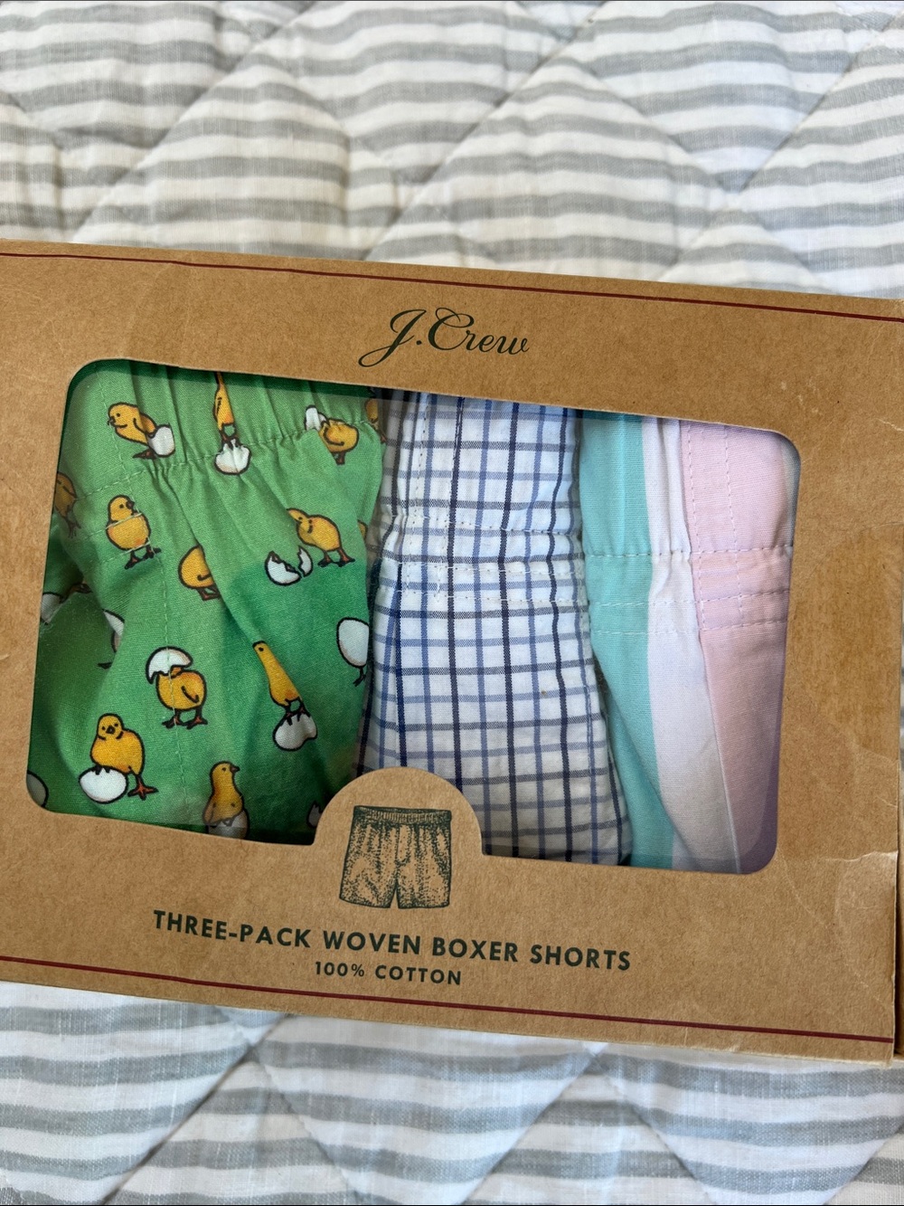 J. Crew Three-Pack Woven Boxers - Green Chick, Blue Check, Pastel Stripes